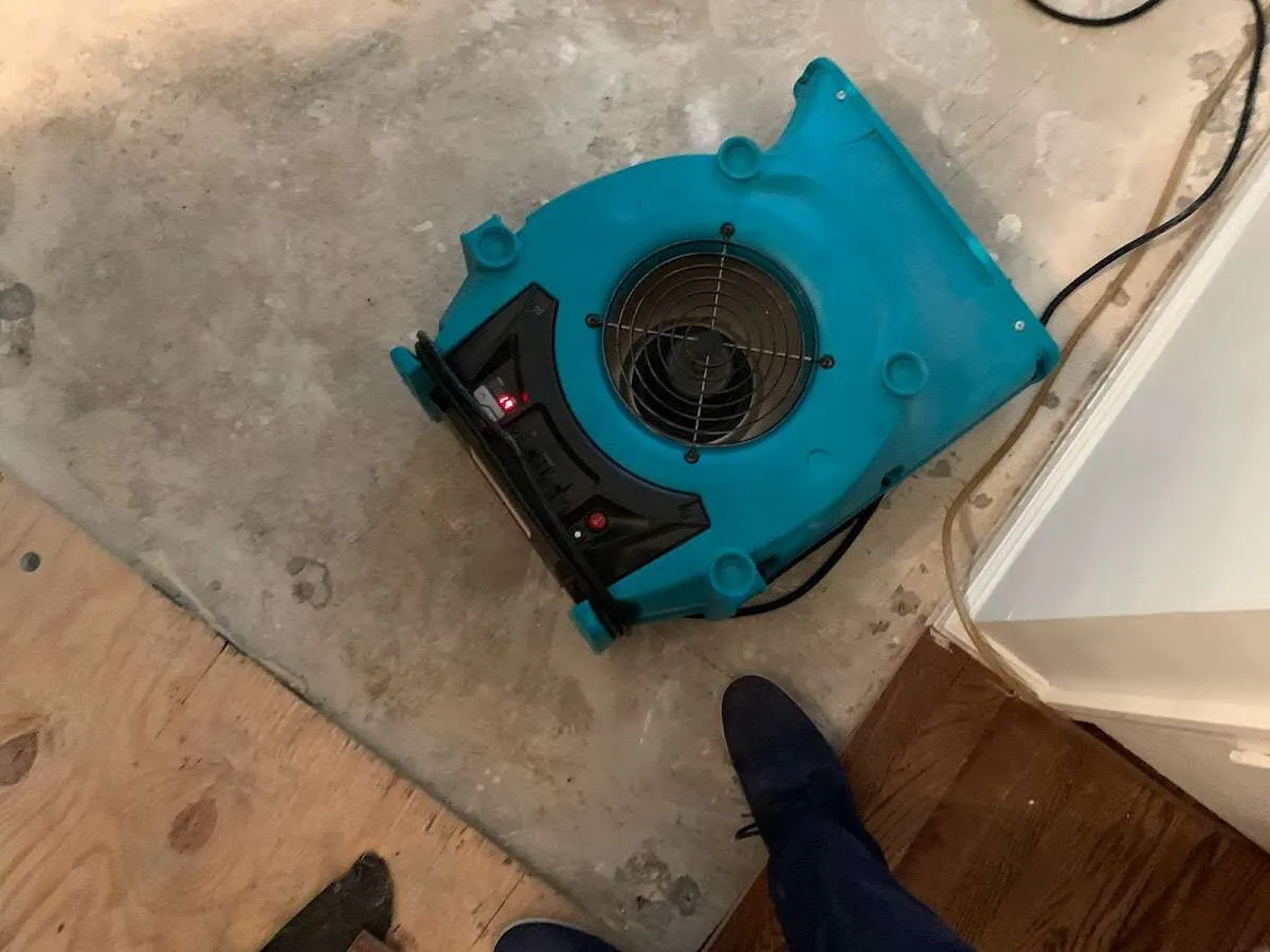 Air mover drying subfloor during Leak Detection & Repair in Glen Rock